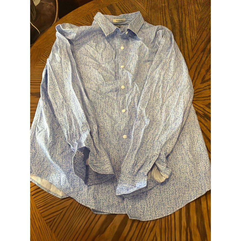 LL Bean Wrinkle Free Floral Button Down Shirt Blue White Cotton Large L Regular